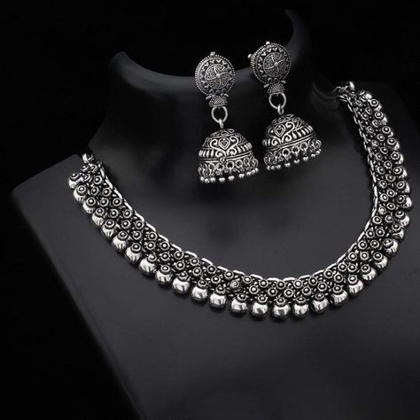 Kolhapuri amrapali silver replica Oxidized German Silver Necklace Bollywood for Women IndianTraditio Holi Outfit, Oxidized Choker, Black Metal Jewelry, Earrings Jhumka, Real Vampires, Oxidised Silver Jewelry, Silver Jewelry Accessories, Antique Silver Jewelry, Silver Jewellery Indian