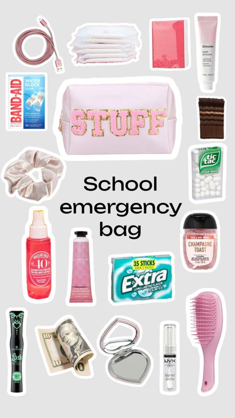 #outfitinspo #vibes #vibes #aesthetic #preppy #school #schoolinspo #backtoschool #bag #emergencykit #thatgirl #itgirl #prepared High School Essentials, Middle School Lockers, Emergency Kit For Girls, School Emergency Kit, School Backpack Essentials, Everyday Bag Essentials, School Survival Kits, When School Starts, Preppy School