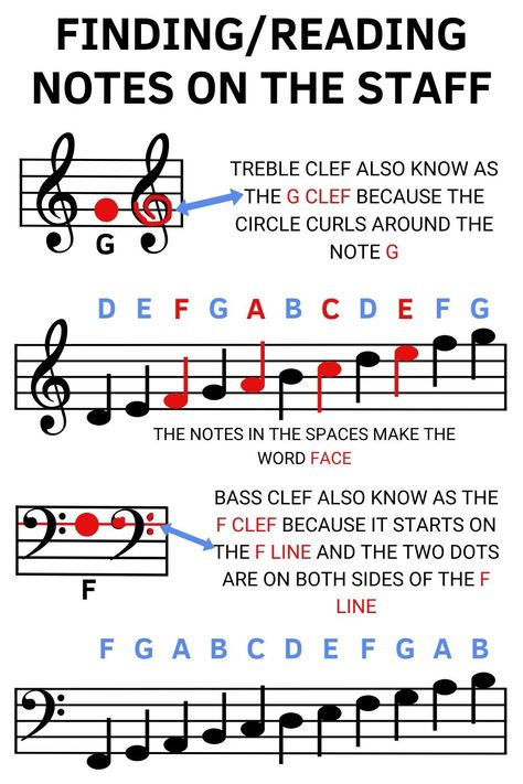 How to find and read notes on the staff - Beginner Music Theory - Yanick Drums How To Read Bass Clef, Bass Clef Piano Notes, Music Notes Meaning, Trumpet Notes For Beginners, How To Read Piano Notes, Piano Music Notes For Beginners, How To Read Music Notes, How To Read Sheet Music, How To Read Music For Beginners