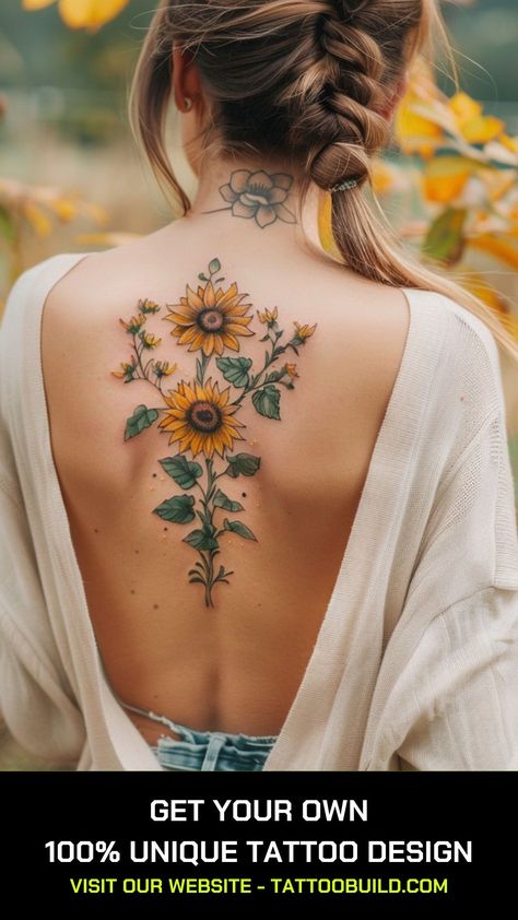 Sunflower Tattoo Ideas - Tattoo Build Back Tattoo Women Sunflower, Sunflower Field Tattoo, Back Sunflower Tattoo, Sunflower Thigh Tattoo, Sunflower Back Tattoo, Sunflower Tattoos For Women, Sunflower Shoulder Tattoo, Brown Tattoos, Just Breathe Tattoo