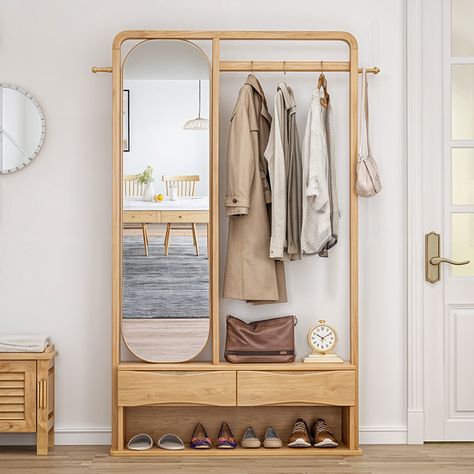 The solid wood coat rack is equipped with a reversible full-length mirror. You can admire your perfect dress just by turning around. It also provides space for neatly storing shoes. It is equipped with a thick solid wood clothes hanging rod so that you can conveniently Hang up coats, scarves. Neat Storage Ideas, Mirror Coat Rack Entryway, Entryway Full Length Mirror And Bench, Hallway Storage Cabinet, Coat Rack Entryway, Standing Clothes Rack, Wood Entryway, Storing Shoes, Wood Coat Rack