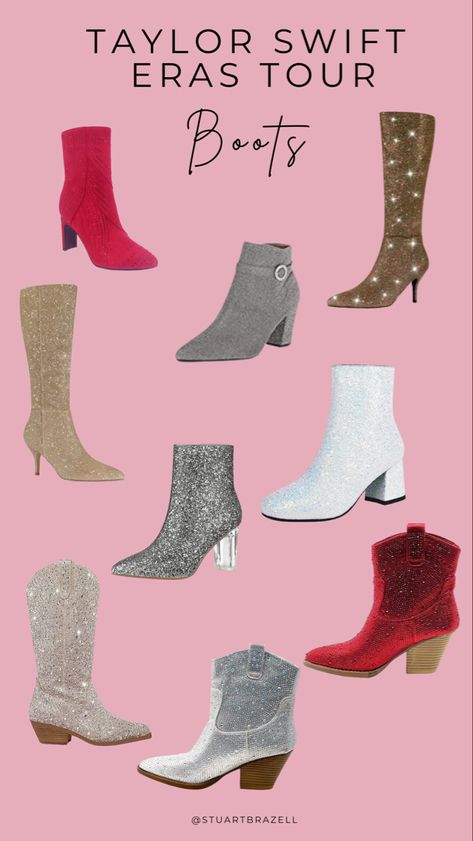 Boots to wear to the Taylor swift eras tour concert Taylor Swift Concert Shoes, Shoes For Taylor Swift Concert, Eras Tour Boots, Taylor Swift Boots, Taylor Swift Shoes, Tall Brown Boots, Clear Block Heels, Taylor Swift Tour Outfits, Swift Tour