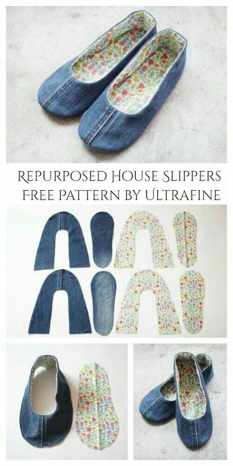 Återvinna Jeans, Sewing Slippers, Diy Slippers, Blue Jeans Crafts, Fabric Sewing Patterns, Free Sewing Patterns, Sew Ins, Slippers Pattern, Small Sewing Projects