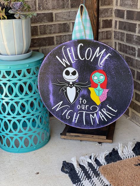 Front Door Hanger Jack and Sally Nightmare Before Christmas - Etsy Canada Nightmare Before Christmas Door, Front Door Hanger, Sally Nightmare, Sally Nightmare Before Christmas, Christmas Signs Wood, Christmas Door Hanger, Halloween 2, Porch Sign, Jack And Sally