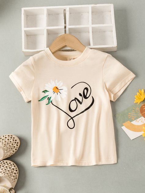 Apricot Casual  Short Sleeve Polyester Floral Letter   Medium Stretch Summer Toddler Girls Clothing Baby Tee Shirts, Girls Summer Tops, Fancy Blouse, Trendy Fashion Tops, Girls Graphic Tee, Fancy Blouses, Fancy Blouse Designs, Old T Shirts, Girls Prints