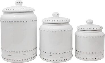 White Canister Set, 3 Piece Kitchen Canister Set, Store Cookies, Farmhouse Canisters, Pasta Flour, Ceramic Canister Set, White Canisters, Ceramic Canisters, Kitchen Canister Set