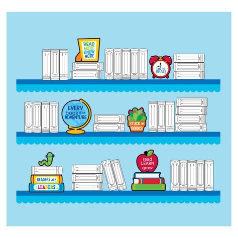 Make your classroom bulletin board stand out and be noticed! This classroom decorating set comes with a collection of different colorful designs that you can put all at once or use to switch up the look frequently. Blank book-shaped cutouts have lines for "Author" and "Book title" that can be filled in with students' names and accomplishments. They'll love seeing their name in print! You might also use the book titles to represent the books you read together...or the books students finish on the Paper Bookshelf Bulletin Board, Book Shelf Bulletin Board, Books We Love Bulletin Board, Bookshelf Bulletin Board, Classroom Decor Reading, Book Shelf Styling, Classroom Bulletin Boards Elementary, Student Of The Week, Read Together