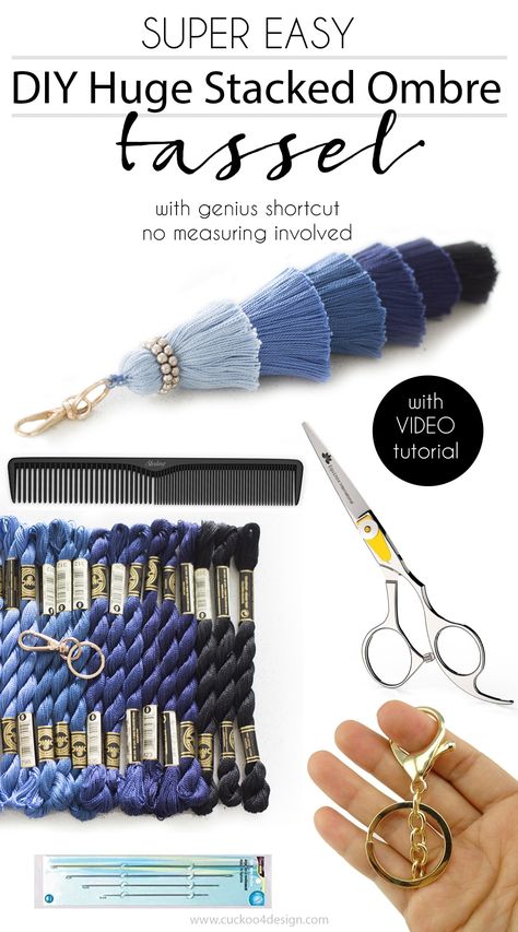 How to make a large stacked tassel with ombre colors | DIY huge stacked ombre tassel with a genius shortcut. No measuring involved! | DIY ombre tassel | how to make a stacked ombre tassel | tassel DIY | blue ombre tassel | purse tassel | home decor tassel #tassel #tassels #DIYtassel #pursecharms Tassels Tutorials, Diy Fashion Trends, Tassel Crafts, شال كروشيه, Diy Ombre, Tassel Purse, Diy Tassel, Pola Gelang, Tassel Jewelry