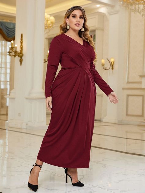 SHEIN Plus Surplice Neck Ruched Dress | SHEIN USA Winter Graduation Outfit, Bishop Sleeve Dress, Front Knot Dress, Long African Dresses, Plus Size Fall Fashion, Fall Plus Size, Graduation Outfit, Long Black Dress, Shein Style