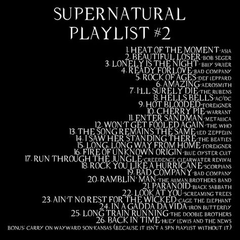 Supernatural Playlist 2 | Supernatural Music Dean Winchester Playlist, Supernatural Songs, Supernatural Playlist, Supernatural Birthday, Supernatural Party, Supernatural Theme, Music List, Playlist Music, Supernatural Wallpaper