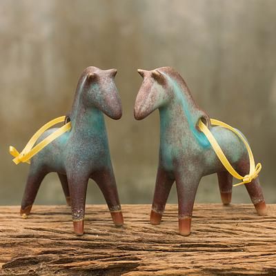 20 Horse Ornaments for Christmas | Horses & Heels Ceramic Toys, Celadon Ceramics, Pottery Ornaments, Turquoise Glaze, Antique Turquoise, Christmas Horses, Horse Ornaments, Two Horses, Yellow Satin