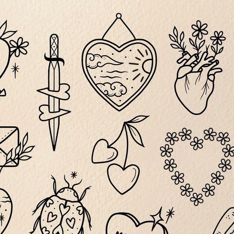 Flash Sheets Simple, Anti Valentine’s Day Tattoo Flash, Flash Art Drawings, Cute Valentines Tattoos, Valentine’s Day Flash Sheet, Cute Tattoo Flash Sheet, Feb Tattoos, Valentines Flash Tattoo Sheet, Valentines Flash Sheet