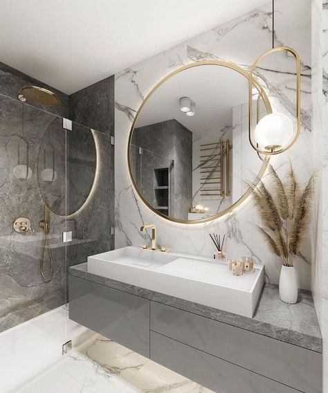 Bathroom Inspiration Modern, Bathroom Decor Luxury, Washroom Design, Bathroom Design Decor, Bathroom Inspiration Decor, Bathroom Design Luxury, Small Bathroom Design, Elegant Bathroom, Round Mirror