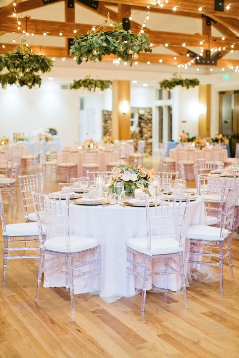 Chivari Chairs Wedding, Pink Tablecloths, Highlands Ranch Colorado, Event Table Settings, Wedding Reception Chairs, Pink Wedding Receptions, Highlands Ranch Mansion, Ranch Mansion, Round Wedding Tables