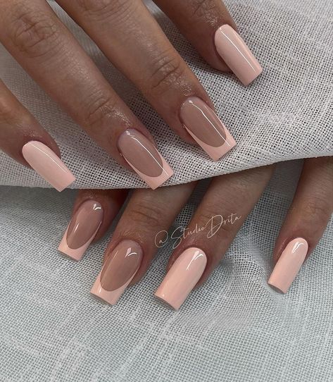 40 Best French Tip Nail Designs to Inspire You Nail Design Neutral Colors, Peach Tips Acrylic Nails, Peach Almond Nails With Design, Light Orange Nails Peach, Peach Dip Nails, Peachy Nails Designs, Peach French Nails, Tan French Tip Nails, Peach Fuzz Nails