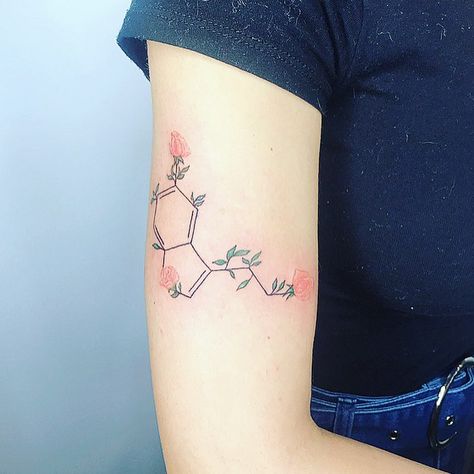 Nas on Instagram: “Serotonin ✨” Serotonin Tattoos For Women, Serotonin Molecule Tattoo, Tattoo With Roses, Serotonin Tattoo, Tattoos For Women Small Meaningful, Serotonin Molecule, Molecule Tattoo, Bee Tattoo, Music Tattoos