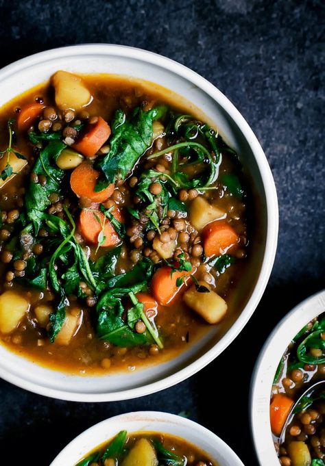 Vegan Lentil and Potato Stew | occasionallyeggs.com Lentil And Potato, Rosemary Soup, Soup With Kale, Green Lentil, Potato Stew, Stewed Potatoes, Kale Recipes, Roasted Tomato, Vegan Soups