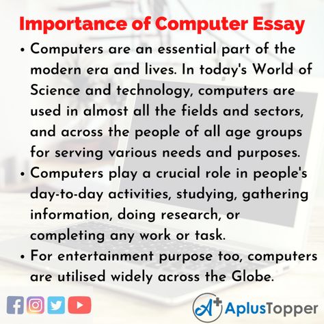 Importance of Computer Essay | Essay on Importance of Computer for Students and Children in English - A Plus Topper Computer Essay In English, History Of Computer, Igcse English, Grammar Help, Essay Writing Examples, Writing A Biography, English Essay, Preschool Prep, English Vinglish