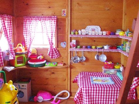 Girls Playhouse Interior, Playhouse Interior Ideas, Wooden Outdoor Playhouse, Cubby House Ideas, Playhouse Interior, Playhouse Decor, Shed Playhouse, Kids Playhouse Outdoors, Childrens Playhouse