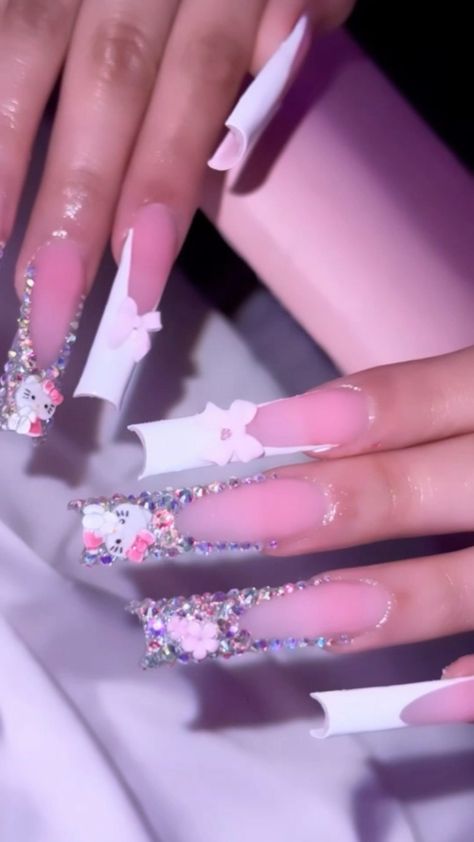 Hello Kitty Bling Nails, Euphoria Nails, Quinceanera Nails, Kitty Nails, Girly Acrylic, Fake Nails Designs, Super Cute Nails, Long Acrylic Nail Designs, Drip Nails