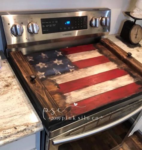 PinkSiloCo - Etsy Rustic Americana Decor, God Bless America Sign, Stove Covers, Wooden Stove Top Covers, Noodle Boards, Stove Board, Flag Diy, America Sign, Unique Kitchen Design