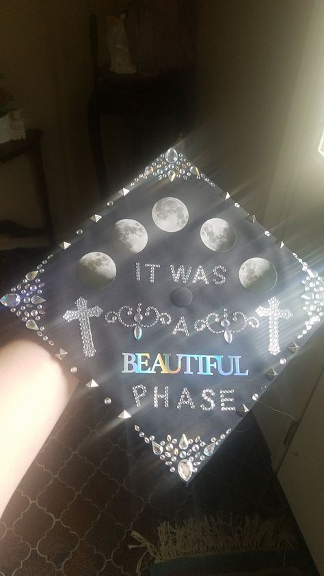 University Grad Cap Ideas, Sun And Moon Graduation Cap, Graduation Cap Designs Stars, Spooky Graduation Cap, Grunge Graduation Cap, Emo Grad Cap, Gothic Graduation Cap, Space Graduation Cap, Moon Graduation Cap