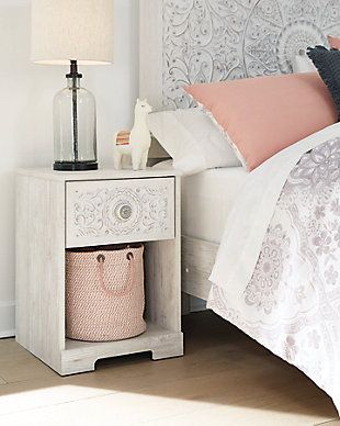 Paxberry Nightstand | Ashley White Washed Nightstand, Restful Bedrooms, Three Drawer Nightstand, Queen Panel Beds, White Nightstand, Bedroom Retreat, Whitewash Wood, Glass Furniture, Coastal Chic