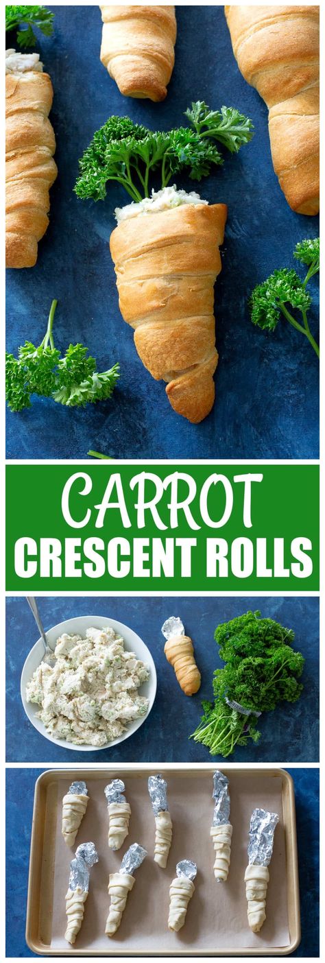 Crescent Roll Carrots are stuffed with chicken salad or whatever you want. These are a cute recipe for Easter. #easter #carrots #crescent #roll Crescent Roll Carrots, Stuffed Crescent Roll Carrots, Crescent Roll Chicken, Crescent Chicken, Easter Appetizer, Holiday Entertaining Food, The Girl Who Ate Everything, Easter Ham, Easter Recipe