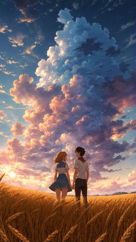 anime wallpaper, wallpaper hd, phone wallpaper, anime aesthetic, couple, men, woman, lovers, wheat field, beautiful clouds, anime couple, sunset, Anime Couple Wallpaper Hd Phone, Epic Wallpaper, Couple Sunset, Field At Sunset, Person Photography, Wall Street Art, Beautiful Clouds, Aesthetic Couple, Wheat Field