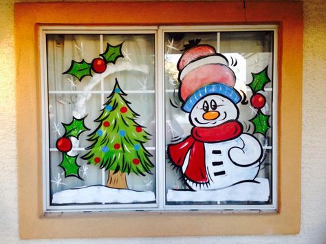 the kids window. Diy Christmas Window, Painted Window Art, Painting On Glass Windows, Christmas Window Painting, Christmas Window Display, Window Decorations, Christmas Window Decorations, Office Christmas Decorations, Diy Valentines Crafts