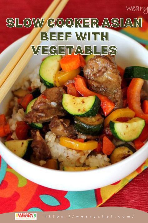 Asian Beef with Vegetables minced and topped on a rice bowl Asian Crockpot Meals, Crockpot Stir Fry Beef, Crockpot Stir Fry, Slow Cooker Asian Beef, Asian Slow Cooker, Beef With Vegetables, Slow Cooker Asian, Crockpot Steak, Thai Beef