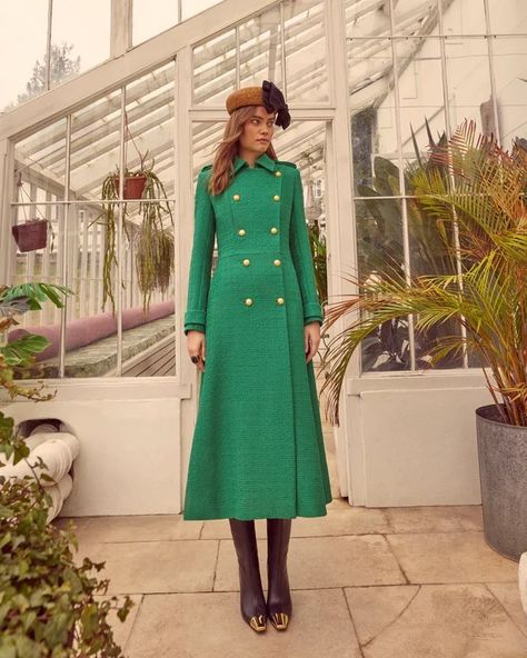 Claire Mischevani, Coat Dresses, Blue Tweed, Hadid Style, Royal Outfits, Tweed Coat, Green Coat, Green Outfit, Luxury Dress