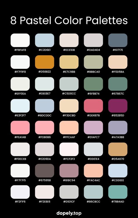 Color Palette 8 Colors, Pastel Colors Palette, 8 Color Palette, Color Coding Notes, Color Palette Inspiration, Pastel Color Palette, Pantone Colour Palettes, Hex Color Palette, Palette Inspiration