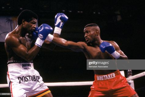 Pernell Whitaker (right) connects a right jab against Rafael Pineda during their boxing bout for the IBF Light Welterweight Title at the Mirage Resort, Hotel and Casino on July 18, 1992 in Las Vegas, Nevada. Whitaker defeated Pineda in 12 rounds for the IBF Light Welterweight Title.  (Photo by Bernstein Associates/Getty Images) Marvin Hagler, Larry Holmes, Marvelous Marvin Hagler, Joe Frazier, American Boxer, Roberto Durán, Mohamed Ali, Boxing Match, Muhammed Ali