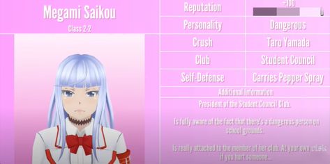 Megami's description Megami Saikou, Akademi High, Male Rivals, Yandere Simulator Fan Art, Yandere Simulator Characters, Yandere Girl, Bio Data, Student Information, Student Council