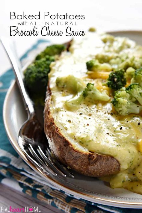 Broccoli Cheese Sauce for Baked Potatoes ~ this all-natural cheese sauce is quick and easy to make, featuring real cheddar instead of processed cheese | FiveHeartHome.com Cheese Sauce For Baked Potatoes, Sauce For Baked Potatoes, Baked Potato Broccoli Cheese, Broccoli With Cheese Sauce, Broccoli Cheese Sauce, Broccoli With Cheese, Artichoke Bruschetta, Half Recipe, Cheese Sauce For Broccoli