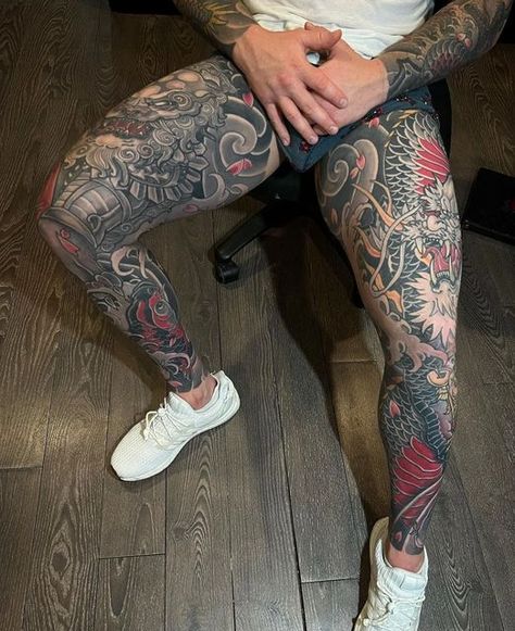 Japanese Dragon Leg Tattoo Men, Calf Sleeve Tattoo Men Japanese, Men's Leg Tattoos Sleeve, Best Leg Sleeve Tattoos Men, Fu Dog Sleeve Tattoo, Leg Sleeves Japanese, Men’s Japanese Tattoo, Traditional Japanese Leg Tattoo, Irezumi Sleeve Design