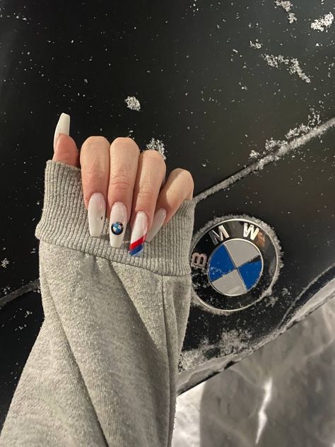 Bmw Acrylic Nails, Bmw Nails Art, Bmw Nails Design, Bmw Tattoo, Bmw Nails, Porsche Girl, Ballerina Nails Designs, Nightclub Aesthetic, Tapered Square Nails