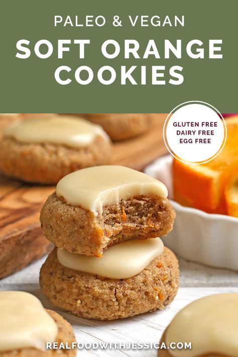 These Paleo Vegan Orange Cookies are thick, sweet, and have the best orange flavor. Topped with a irresistible glaze and they are gluten free, dairy free, egg free and naturally sweetened. #paleo #vegan #glutenfree #dairyfree #eggfree | realfoodwithjessica.com @realfoodwithjessica Primal Desserts, Paleo Cookie, Lemon Poppy Seed Cookies, Aesthetic Recipes, Primal Living, Real Food Snacks, Best Paleo Recipes, Paleo Cookies, Orange Cookies