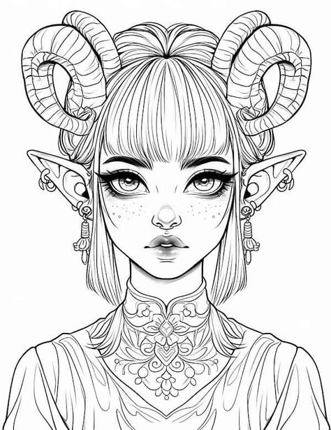 Capricorn elf coloring page Elves Drawing, Human Coloring Pages, Coloring Pages Of People, Goth Coloring Pages, Tiefling Coloring Page, Coloring Pages Anime, Witchy Coloring Pages, Elf Lineart, Coloring Pages Of Fairies