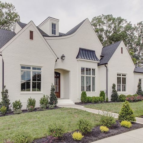 Instagram White Brick House Exterior, Moving In, Painted Brick Exteriors, Contemporary Craftsman, Stucco Homes, Country House Design, Cottage Exterior, Brick Exterior House, Modern Farmhouse Exterior