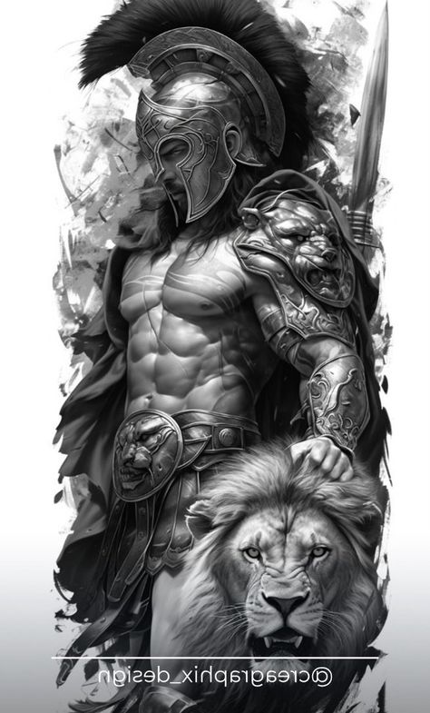 Gladiator With Lion Tattoo, Shoulderbladetattoo Men, Roman Warriors Tattoo, Leonidas Tattoo Design, Ares Tattoo Design, Spartan Warrior Tattoo, Lion Warrior, Warrior Tattoo Sleeve, Greek Tattoo