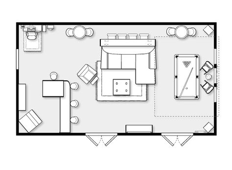 Floor plan for the game room. Large Rec Room Layout, Entertainment Room Layout, Man Cave Floor Plan, Media Room Floor Plan, Family Recreation Room, Karaoke Room Home, Game Room Layout Floor Plans, Entertainment Room Floor Plan, Recreational Room Interior Design