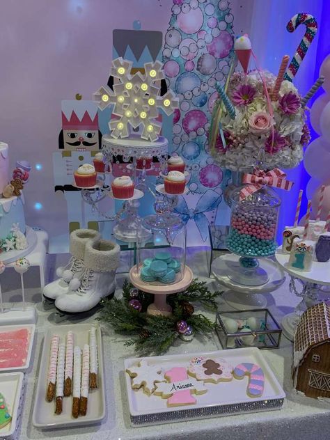 Winter Candyland First Birthday  | CatchMyParty.com Candyland First Birthday, Winter Candyland, Baby Ellie, Land Girls, Candy Land Theme, Light Dinner, First Birthday Photos, Candle Light Dinner, Christmas Wonderland