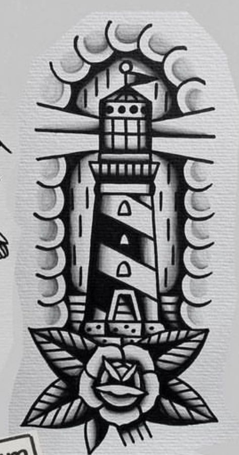 Traditional Lighthouse Tattoo, Traditional Tattoo Outline, Traditional Tattoo Man, Half Sleeve Tattoos Sketches, Traditional Tattoo Stencils, Traditional Tattoo Drawings, Traditional Black Tattoo, Traditional Tattoo Designs, Engraving Tattoo