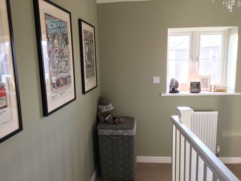 Sage Green Staircase Wall, Sage Green Stairway, Olive Green Hallway, Olive Hallway, Stairway Landing Ideas, Colour Schemes Green, Hall And Stairs Decorating Ideas, Sage Green Hallway, Hallway Decorating Colours