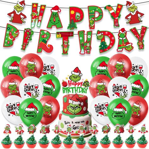 PRICES MAY VARY. 🎄Unique Design: Christmas Day is around the corner! Our Christmas Birthday decoration sets contain many Christmas elements, including Christmas trees, sleighs, moose, snowmen, etc.Our party decorations is designed in classic Christmas colors: green and red. Our birthday party decorations will make your Christmas party really full of joy. 🎄Package Include: Our birthday decoration will include 18pcs balloons with 3 styles, 12pcs cupcake topper, 1pc cake topper and 1pc" happy bir Happy Birthday Drink, Christmas Birthday Party Decorations, Grinch Birthday, Grinch Whoville, Girl Parties, Whoville Christmas, Grinch Party, Happy Happy Happy, Kids Christmas Party