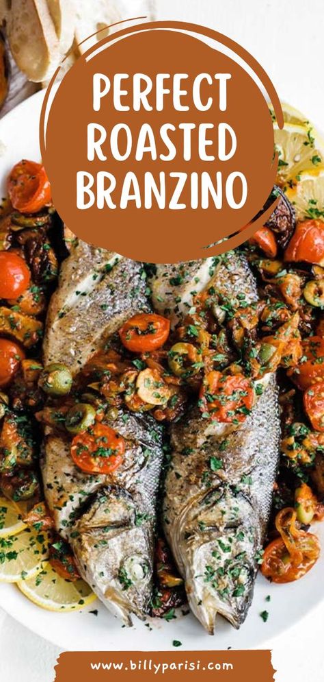 Baked Branzino Recipe, Whole Sea Bass Recipes, Whole Branzino Recipe, Roasted Branzino Recipe, Sicilian Caponata Recipe, Roasted Branzino, Branzino Recipe, Caponata Recipe, Steamed Fish Recipes