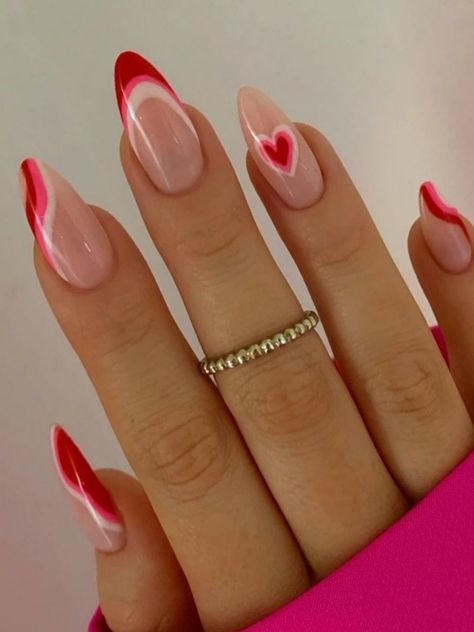 pink and red french tips with swirls and a  heart Heart Nail Designs, Manikur Kuku, Nail Designs Valentines, Makijaż Smokey Eye, Nail Swag, Cat Kuku, Nagel Inspo, Stick On Nails, Beauty Nail