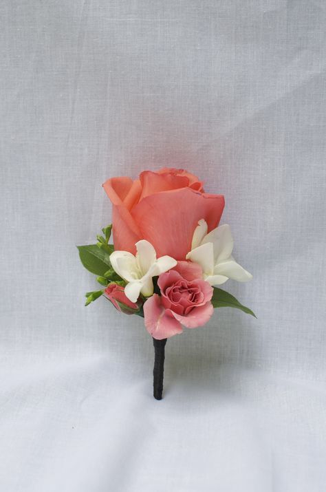 Coral Rose Boutonniere, Coral Boutonniere Wedding, Coral Corsage, Coral Boutonniere, Destiny Wedding, Flowers At Wedding, Orange Boutonniere, Peach Color Schemes, Prom 2k24